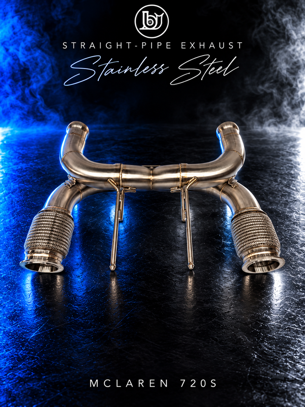 BJG McLaren 720S stainless steel straight-pipe rear exhaust with central crossover and flex sections, shown with blue and white studio lighting.