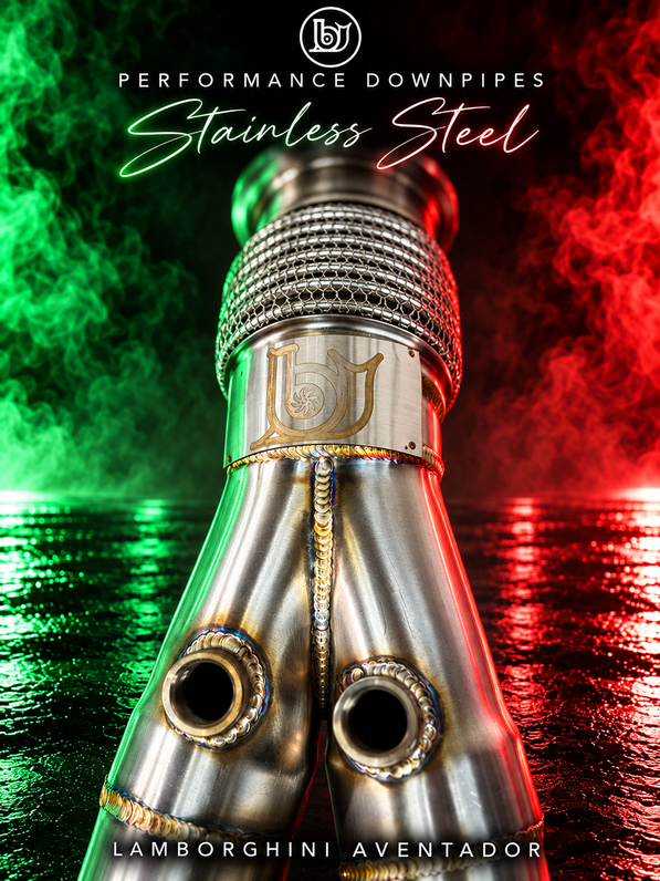 Close-up of BJG Aventador stainless-steel race downpipe flex section, engraved collar, welded junction and sensor ports, with green and red lighting.