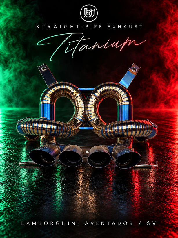 Front view of BJG blue titanium straight-pipe rear exhaust for Lamborghini Aventador / LP750-4 SV, showing four angled outlets, pie-cut tubing and mounting tabs with green and red lighting.