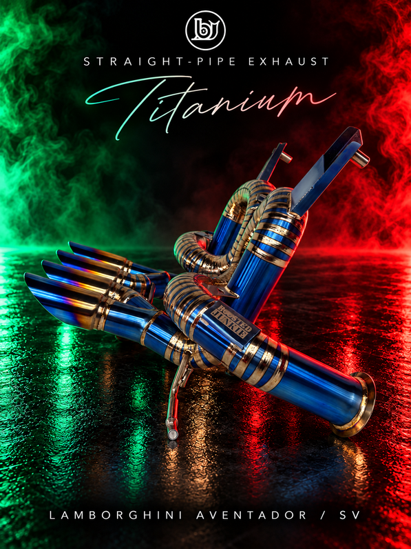 Angled side view of BJG blue titanium straight-pipe exhaust for Lamborghini Aventador / LP750-4 SV, showing quad tips, flanged inlet, mounting brackets and engraved BJG plaque with green and red lighting.