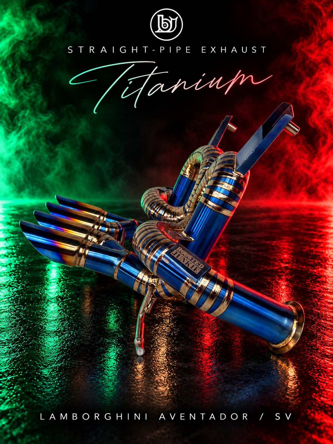 Angled side view of BJG blue titanium straight-pipe exhaust for Lamborghini Aventador / LP750-4 SV, showing quad tips, flanged inlet, mounting brackets and engraved BJG plaque with green and red lighting.