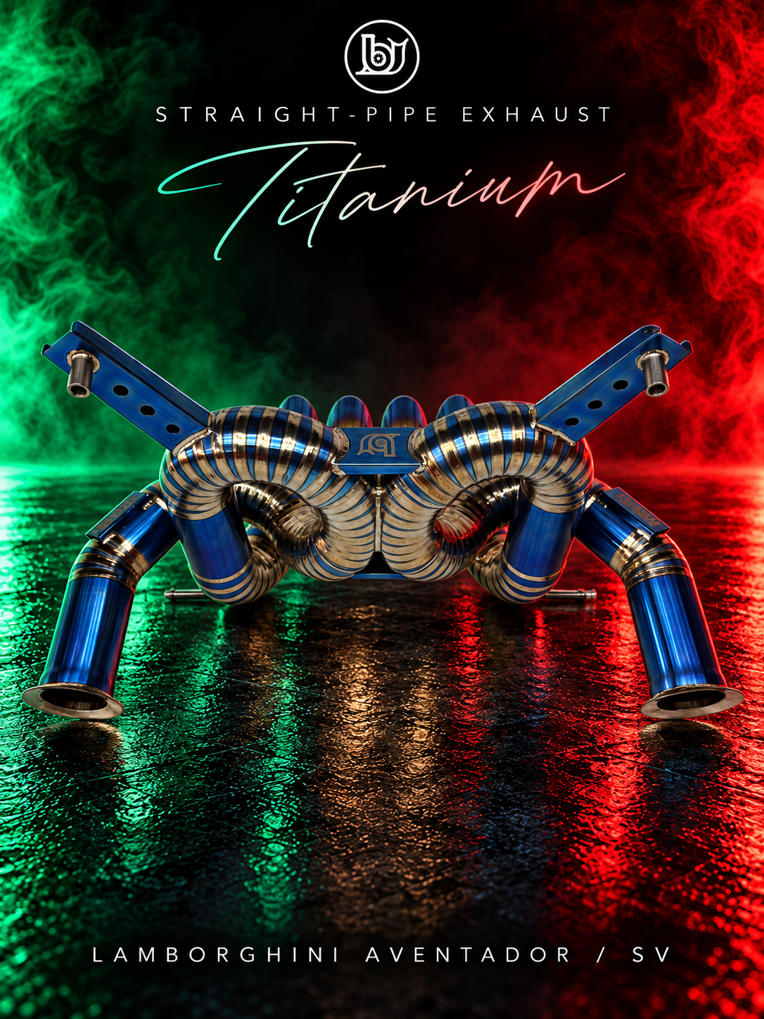 Rear-side view of BJG blue titanium straight-pipe exhaust for Lamborghini Aventador / LP750-4 SV, showing inlet flanges, pie-cut loops, central BJG plate and mounting brackets with green and red lighting.
