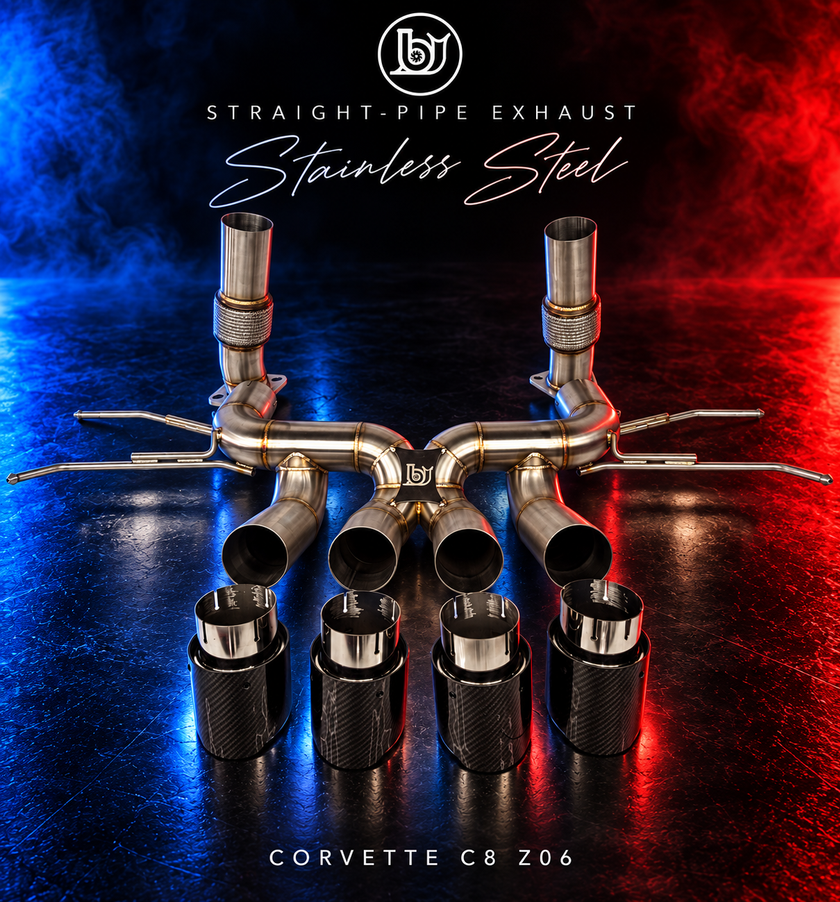 BJG stainless-steel straight-pipe rear exhaust for Corvette C8 Z06 with four carbon-fiber-finish tips, shown with blue and red lighting.