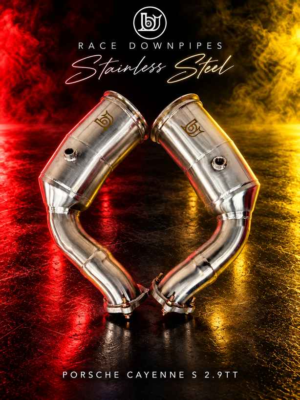 BJG heat-shielded stainless steel race downpipe pair for Porsche Cayenne S 2.9TT, shown with red and yellow lighting.