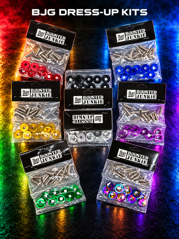 BJG dress-up bolt and colored washer kits in eight finishes, shown together with rainbow studio lighting.
