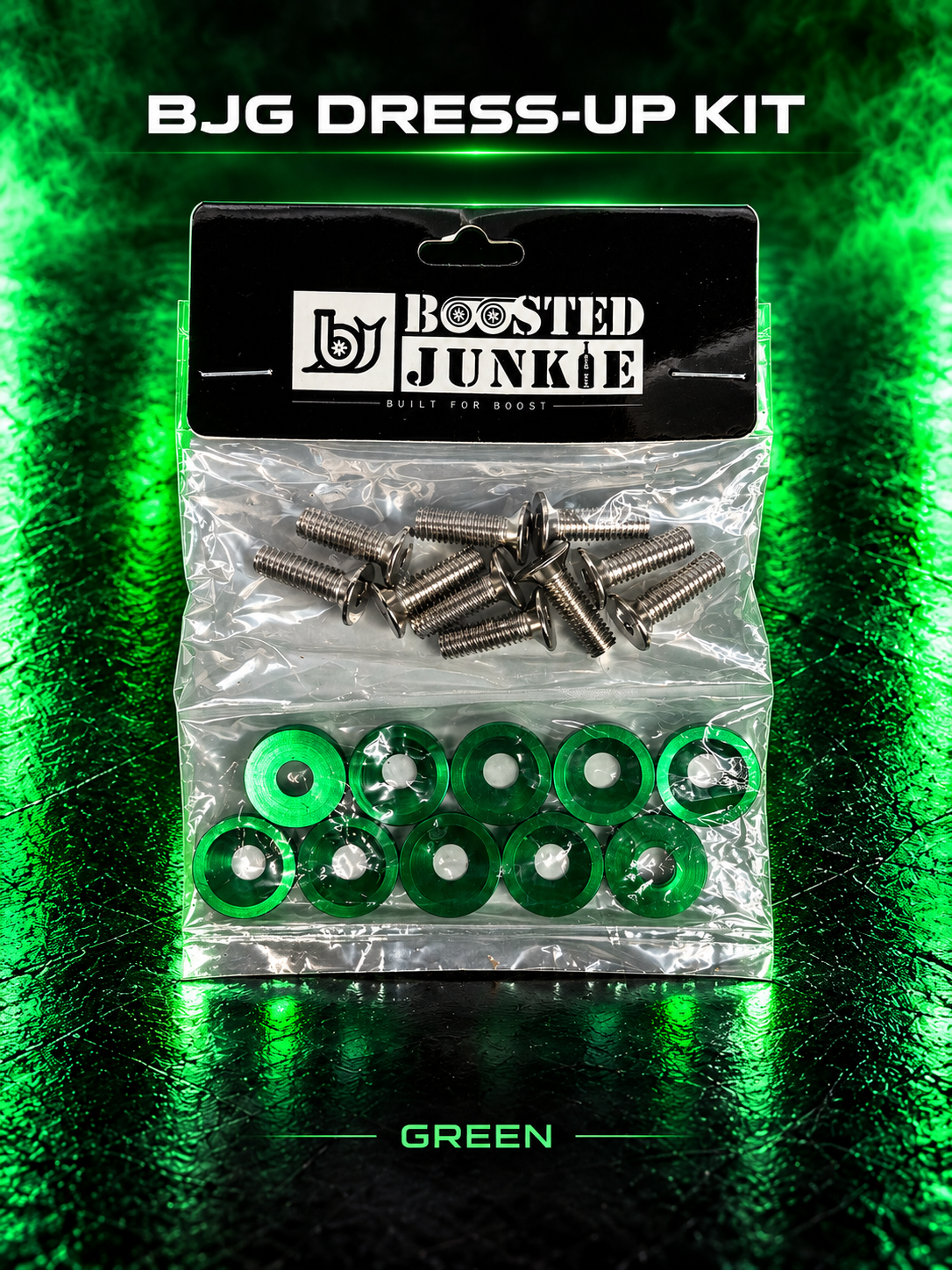 BJG dress-up kit with silver-tone bolts and green finishing washers, shown with green studio lighting.