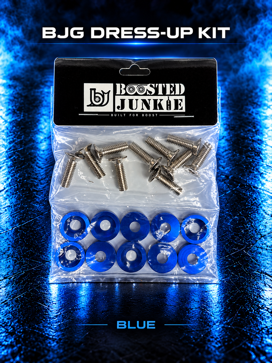 BJG dress-up kit with silver-tone bolts and blue finishing washers, shown with blue studio lighting.