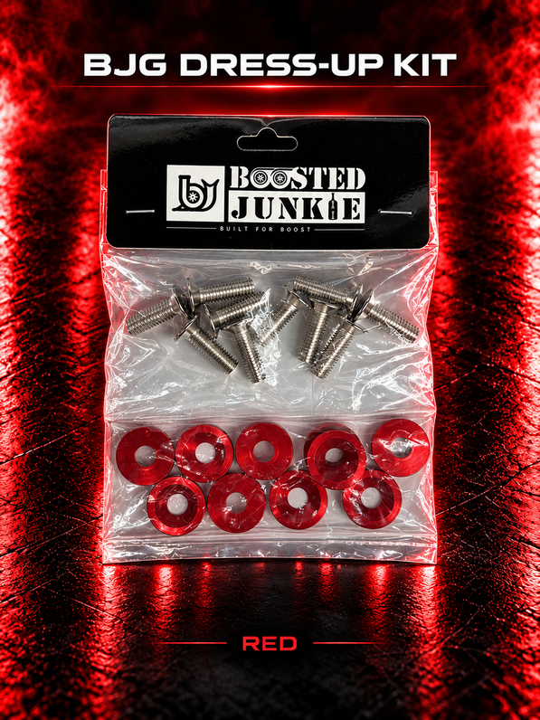 BJG dress-up kit with silver-tone bolts and red finishing washers, shown with red studio lighting.