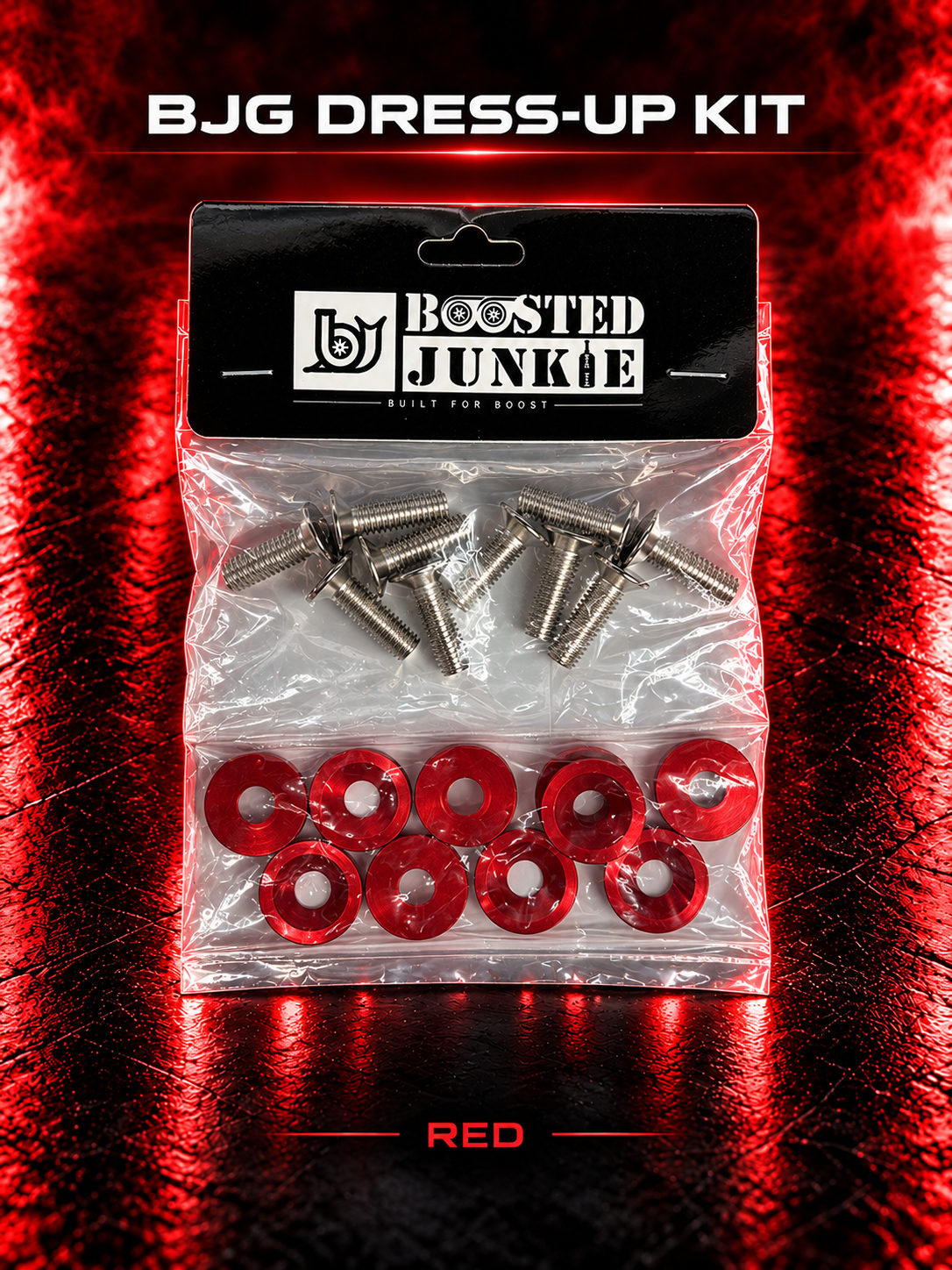 BJG dress-up kit with silver-tone bolts and red finishing washers, shown with red studio lighting.