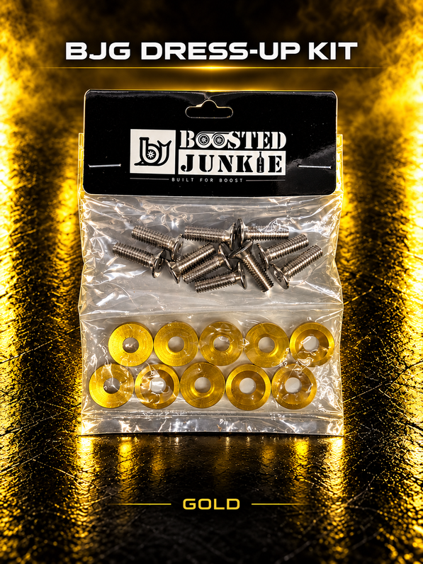 BJG dress-up kit with silver-tone bolts and gold finishing washers, shown with gold studio lighting.