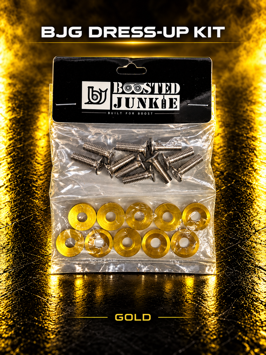 BJG dress-up kit with silver-tone bolts and gold finishing washers, shown with gold studio lighting.