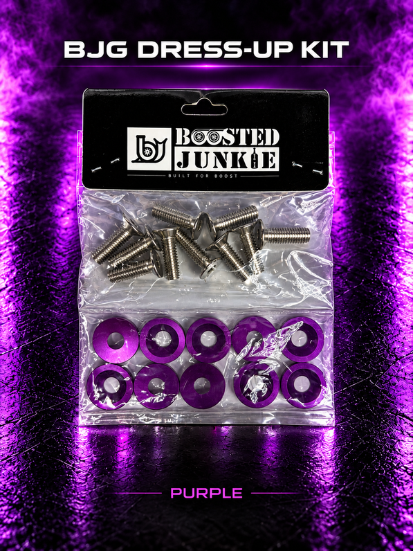 BJG dress-up kit with silver-tone bolts and purple finishing washers, shown with purple studio lighting.
