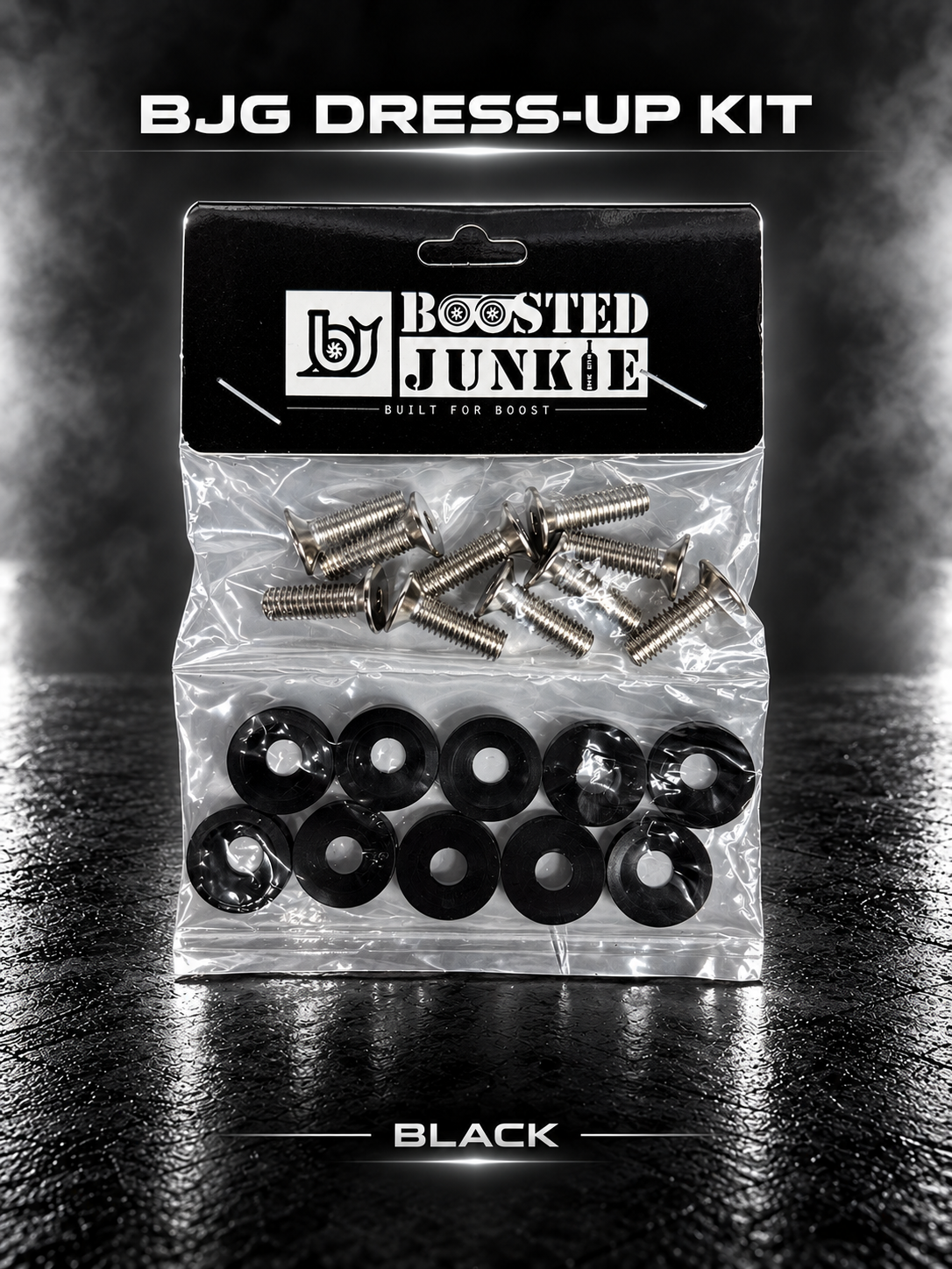 BJG dress-up kit with silver-tone bolts and black finishing washers, shown with charcoal and white studio lighting.