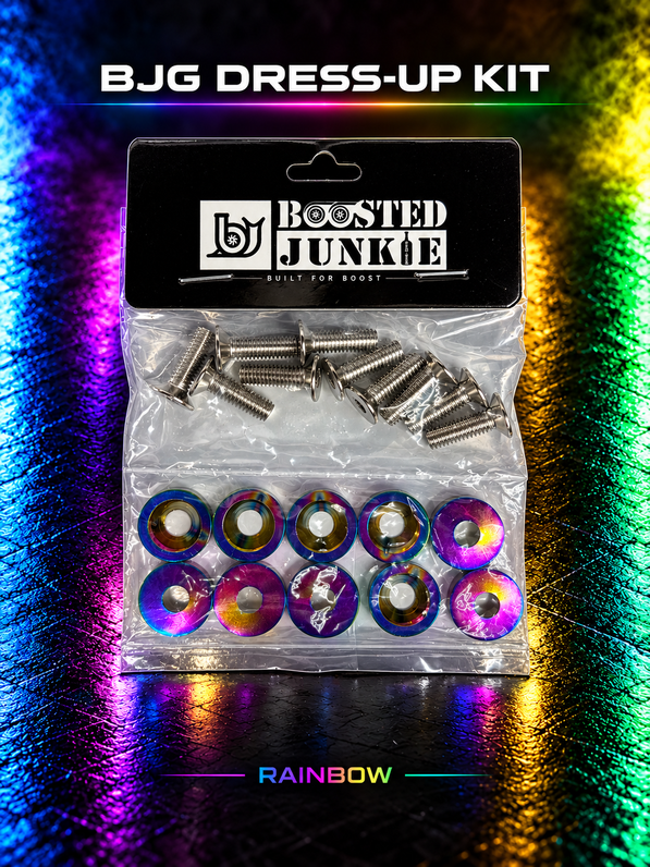 BJG dress-up kit with silver-tone bolts and rainbow finishing washers, shown with rainbow studio lighting.
