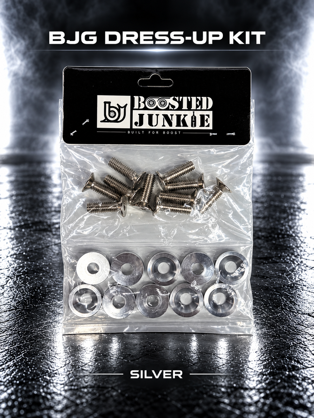 BJG dress-up kit with silver-tone bolts and silver finishing washers, shown with silver-white studio lighting.