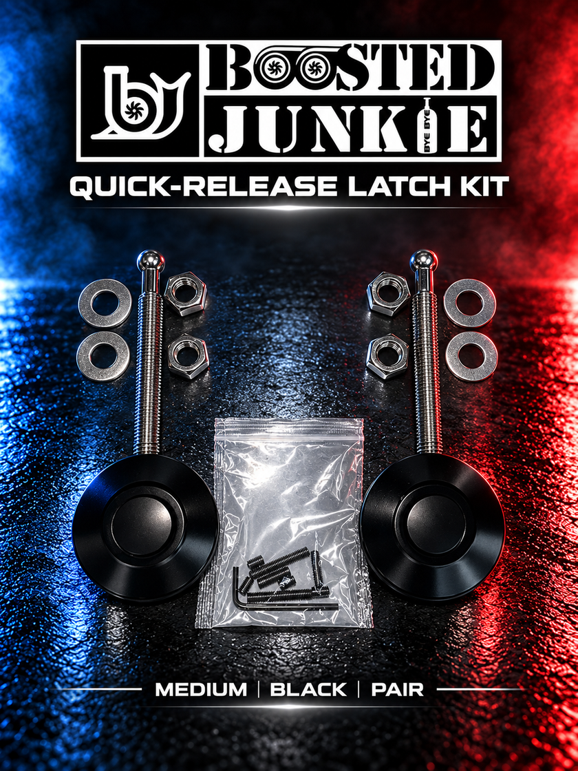 BJG medium black quick-release latch pair with two threaded pins, nuts, washers and mounting hardware, shown with the Boosted Junkie logo and blue/red studio lighting.