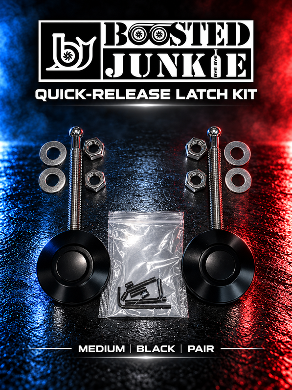 BJG medium black quick-release latch pair with two threaded pins, nuts, washers and mounting hardware, shown with the Boosted Junkie logo and blue/red studio lighting.