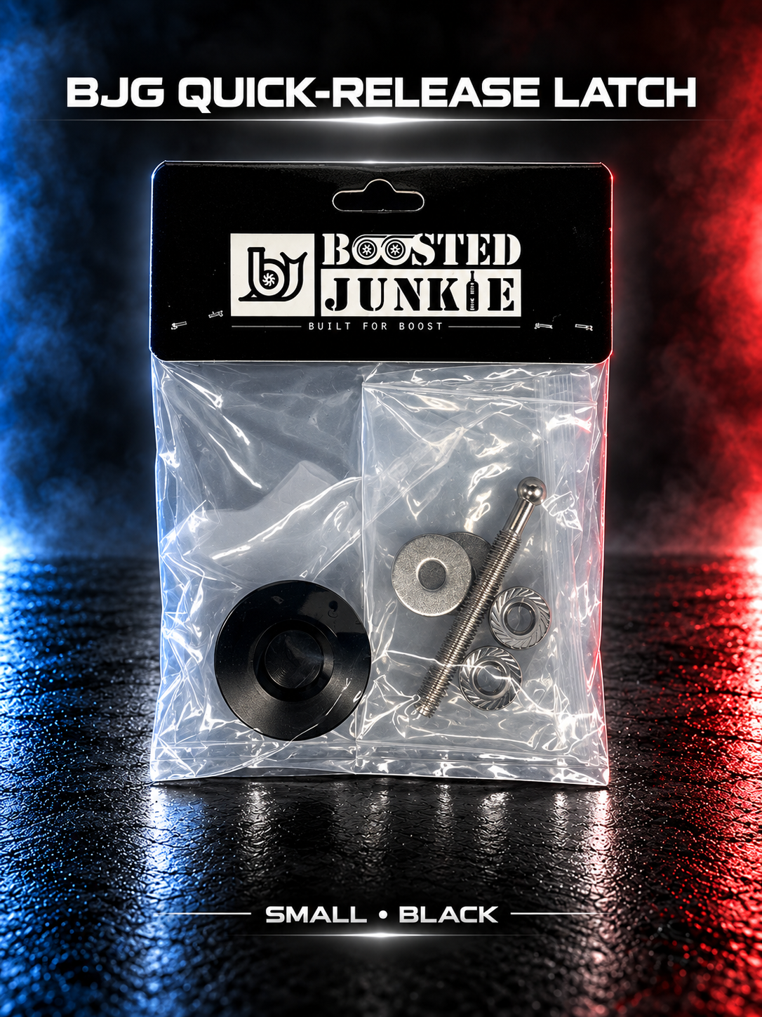 BJG small black push-button quick-release latch with threaded mounting pin, nuts and washers in branded packaging, shown with blue and red studio lighting.