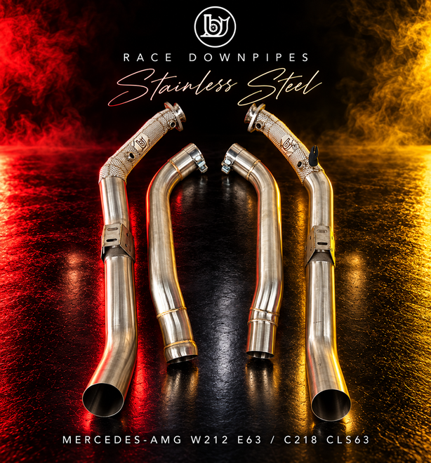 BJG W212 E63 and C218 CLS63 stainless-steel race downpipe set, with heat-shielded upper sections and two connecting pipes, on a red-and-yellow-lit background.