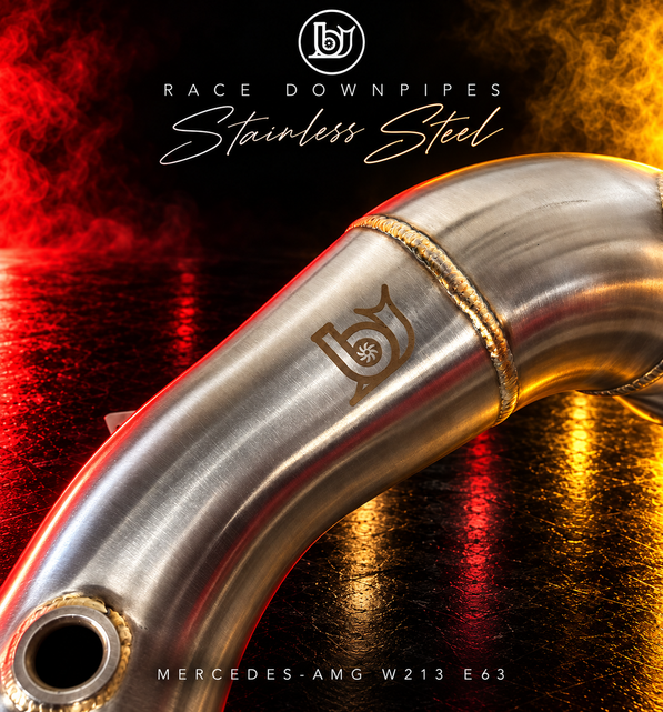 Close-up of BJG engraving, weld and sensor port on a bare stainless W213 E63 race downpipe.