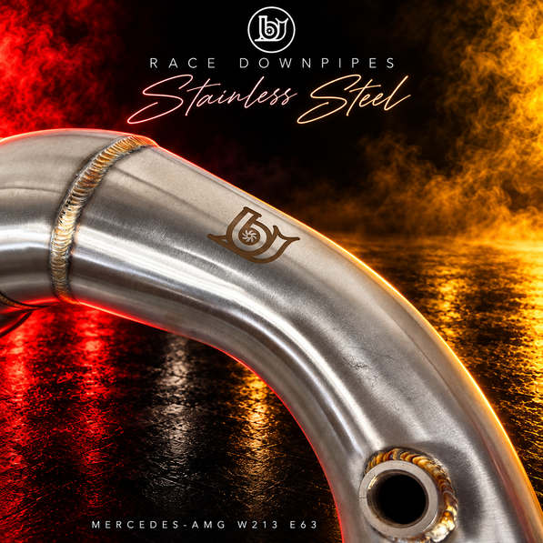 W213 E63 stainless race downpipe detail showing BJG engraving, curved tubing, weld and sensor bung.