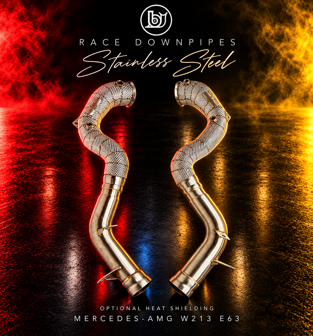 BJG W213 E63 race downpipe set with optional heat shielding on the turbo-side sections and bare stainless connecting sections.